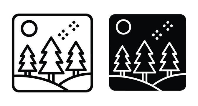 landscape icon set featuring pine trees forest hills sun and stars in outline and solid glyph style for web design
