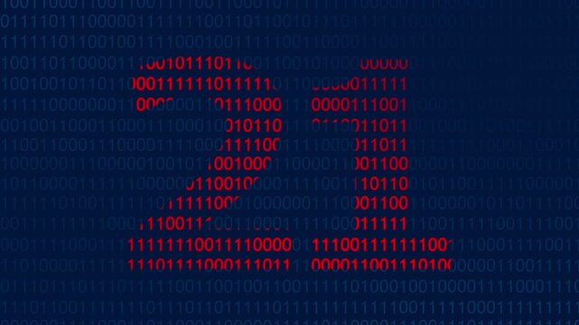 Large red number twenty one formed by binary code digits against a dark blue background of scrolling ones and zeros representing computer data processing and digital information flow
