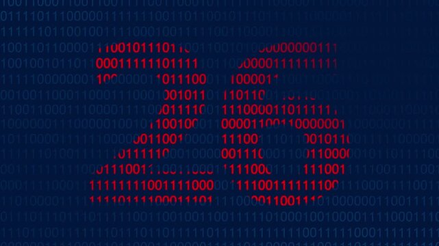 Red binary code forming the number twenty six against a dark blue background of ones and zeros representing digital data processing and computer programming concepts for technology themes