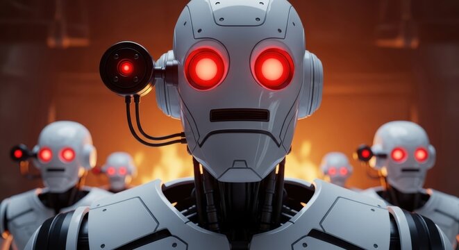 Futuristic Realistic Robot Army with Red Glowing Eyes in Fiery Background