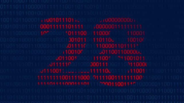 Red binary code forming the number twenty eight against a dark blue background of ones and zeros representing digital data processing and computer programming concepts for technology themes