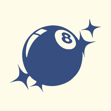 Black 8 ball with starbursts in blue ink sketch style hand drawn billiards illustration minimalist background contrast stylized composition isolated