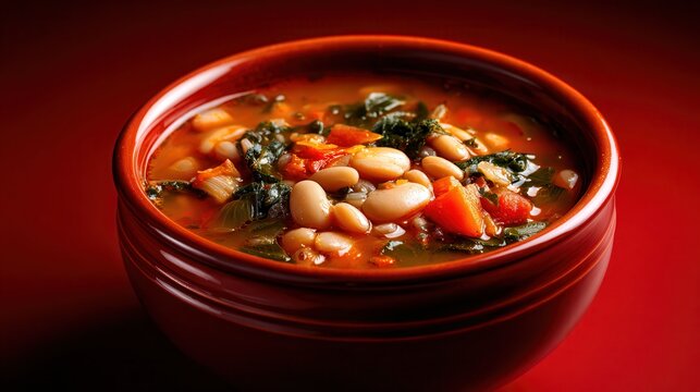 Fasolada white bean soup with vegetables in a clay bowl