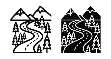 Obraz premium Winding mountain road through pine forest landscape with snow capped peaks in outline and solid black vector icon style set