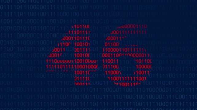 Large red number forty six formed by binary code digits against a dark blue background of streaming ones and zeros representing digital data processing and computer information technology