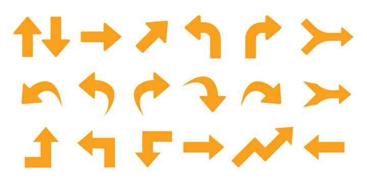Set of orange directional arrow for navigation and infographic isolated on transparent background