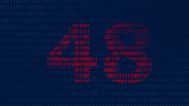 Large red number forty eight formed by binary code digits against a dark blue background of streaming ones and zeros representing digital data processing and computer information technology