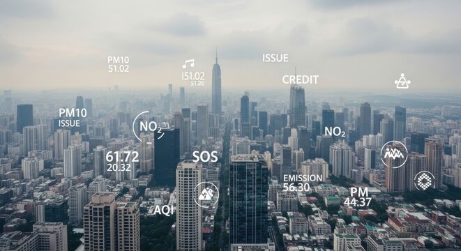 Smart City Air Quality Monitoring Pollution Data Over Urban Skyline