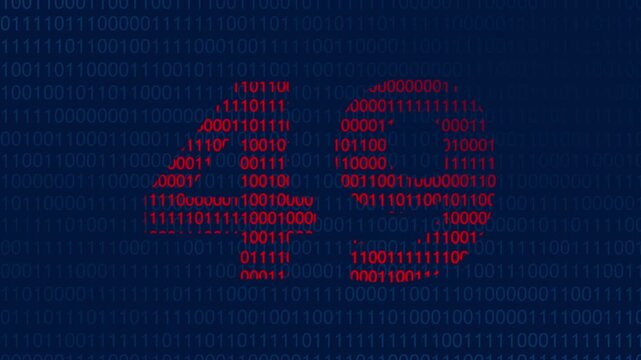Large red number forty nine formed by binary code digits against a dark blue background of streaming ones and zeros representing digital data processing and computer information technology