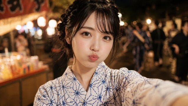 夜の夏祭りでアヒル口をして自撮りをする浴衣姿の若い女性