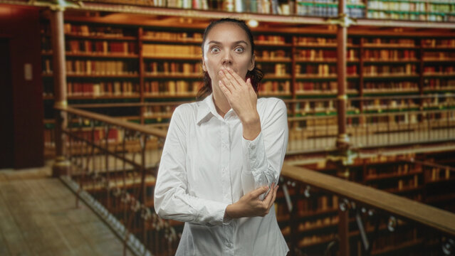 Woman covering mouth with hand on library balcony railing in white shirt, surprised wide eyes and startled expression; surprise curiosity.