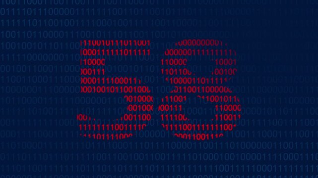 Red binary code forming the number fifty eight against a dark blue background of digital data streams representing computer programming and information technology concepts