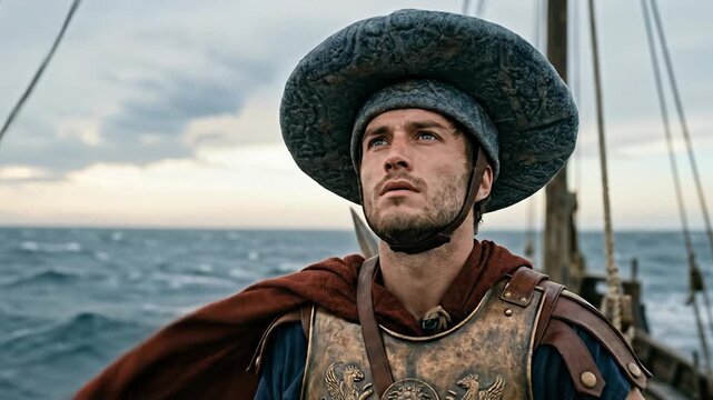 Alexander the Great wearing ancient armor a red cloak and a wide hat stands on a ship crossing the Hellespont to begin his ambitious Persian campaign in Asia