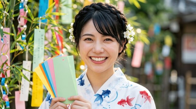 七夕祭りでカラフルな短冊を手に満面の笑みを浮かべる浴衣の女性