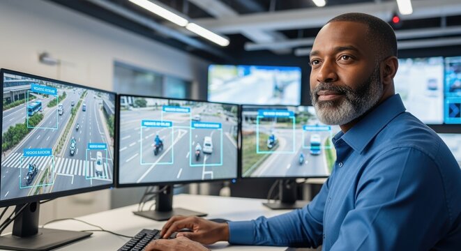 african american man monitoring traffic cameras in control room with multiple screens