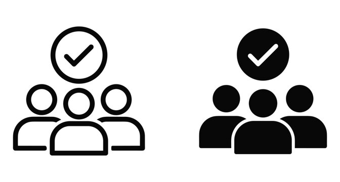 Group of three people icons with a checkmark symbol above representing team approval recruitment selection human resources and verified members