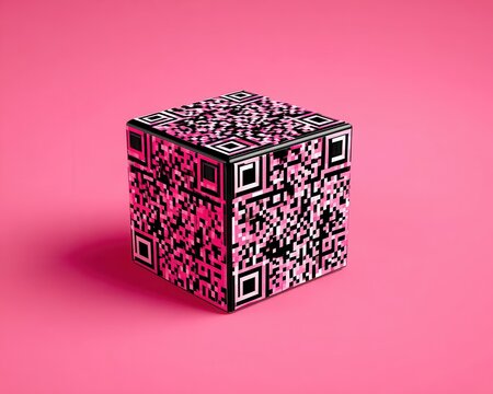 Digital QR code cube on pink background