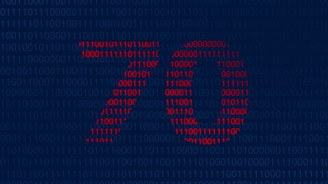 Red binary number seventy formed by zeros and ones on a dark blue background with digital code pattern for data security and computer science concepts