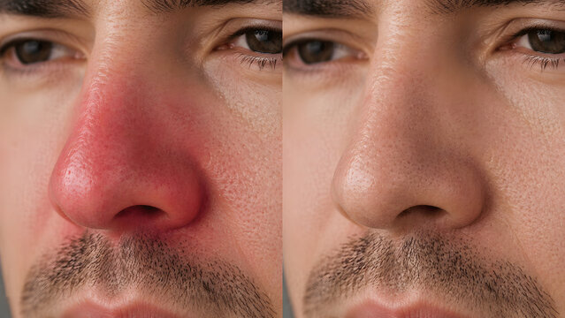 Medical Comparison Showing a Man with a Red Inflamed Nose Resulting from Allergy and a Healthy Clear Nose on the Right