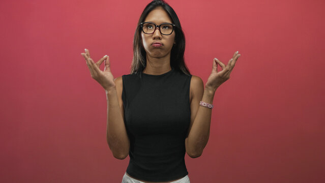 Thai woman in black sleeveless top pinches fingertips with raised hands showing bare forearms and glasses in studio; exasperation introspection.