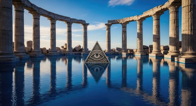 Ancient weathered stone columns encircle a pristine reflective pool where a carved eye within a triangle rests at the very center of water, reflection, ruins, craftsmanship