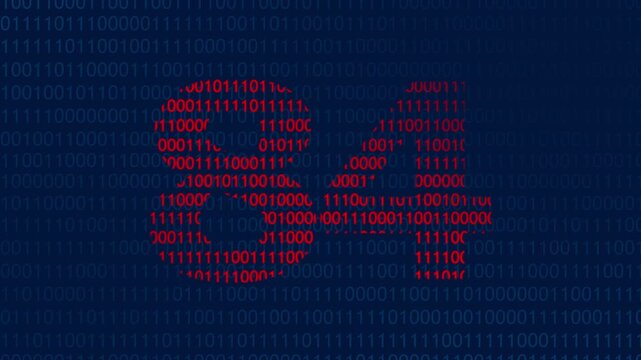 Large red number eighty four formed by binary code digits against a dark blue background of scrolling ones and zeros representing data processing and digital information technology