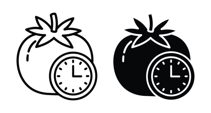 Pomodoro technique icon set featuring tomato and clock symbols for time management productivity efficiency focus work study and kitchen cooking