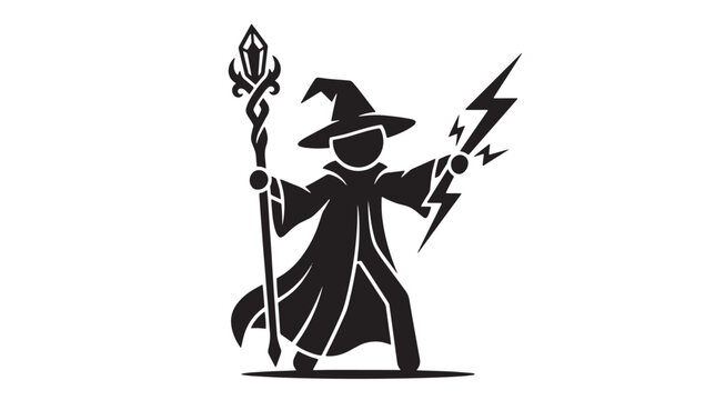 Fantasy wizard stick figure holding magical staff and lightning bolt, black silhouette sorcerer casting spells, mystical warlock character vector icon