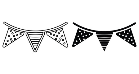 Obraz premium Bunting flags garland set with polka dots and stripes patterns for party celebration event decoration outline and solid black silhouette icons
