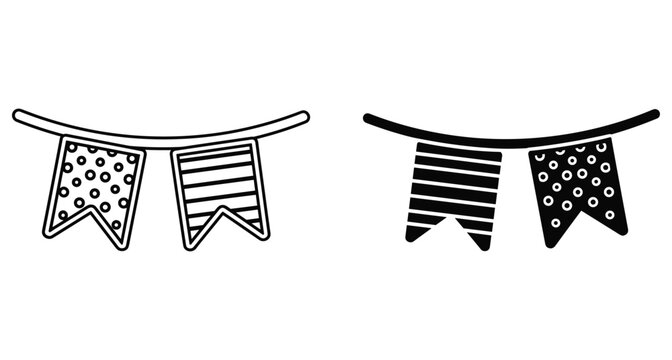 Bunting flags garland party decoration celebration stripes dots outline silhouette vector icon set for birthday festival event carnival fair ornament