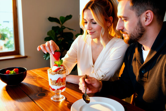 Young couple preparing yogurt parfait with strawberries and granola at table, promoting healthy eating and home nutrition. Ideal for wellness, diet, food blog marketing