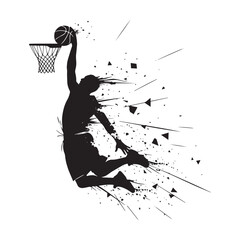 Black silhouette of a basketball player performing a powerful slam dunk into a hoop with dynamic abstract particle explosion splash effect © Vectonic Wave