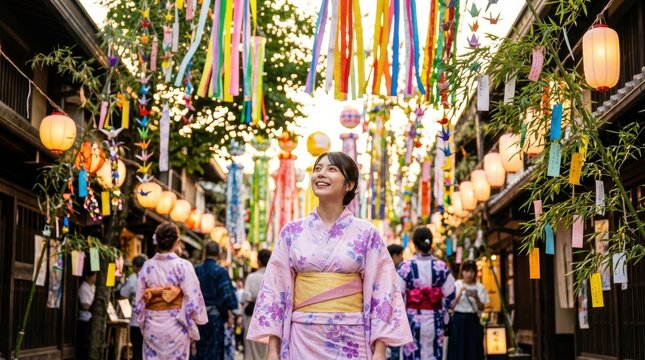 七夕祭りの色鮮やかな飾りを見上げて歩く浴衣姿の女性