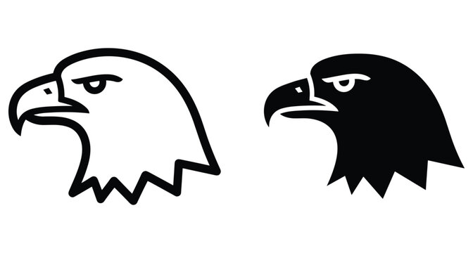Eagle head silhouette icon set featuring bald eagle profile views in black and white outline and solid fill graphic styles