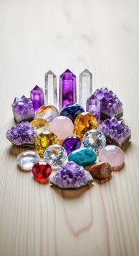 Funkelnde Edelsteine und Amethyst-Kristalle liegen harmonisch arrangiert auf Naturholz f&uuml;r spirituelle Meditation und energetische Balance, Edelstein, Hintergrund, Leuchten