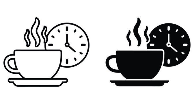 Coffee cup icon with steam and clock symbol representing morning break time management caffeine routine breakfast drink beverage silhouette outline set