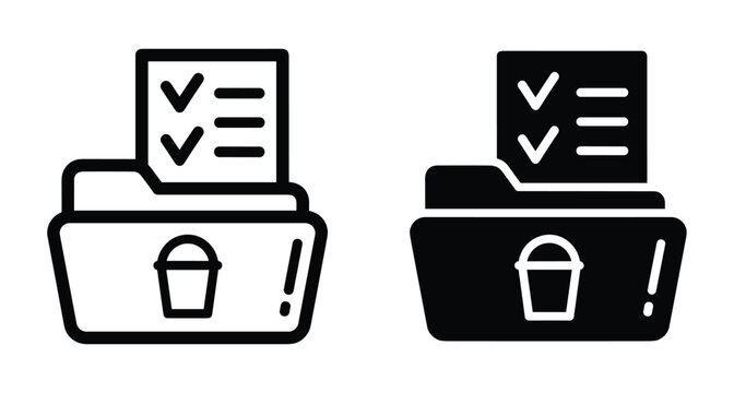Folder icon set with checklist document and bucket symbol for task management organization data storage file archive and digital workflow