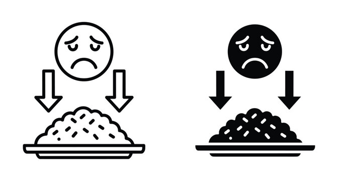 Loss of appetite icon set showing sad face with arrows pointing down to a plate of rice or food symbol