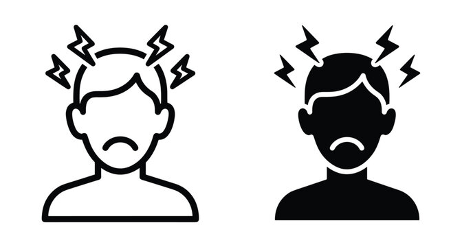 Headache icon set showing man with migraine pain stress tension mental health issues and lightning bolts around head for medical design