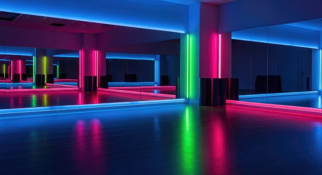 Vibrant dance studio interior with polished wooden floors, large wall mirrors reflecting neon lights, exercise mats, and dynamic lighting, indoor, rhythm, gym