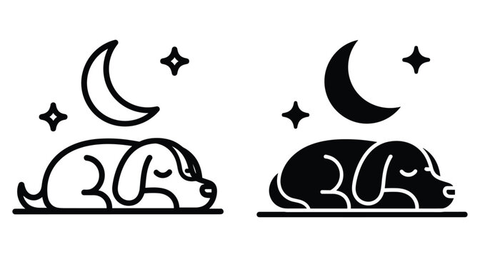 Sleeping dog icon set featuring a cute puppy resting under a crescent moon and stars in outline and solid styles
