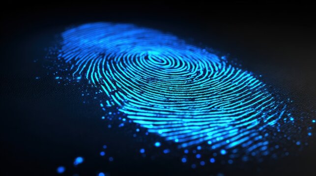 Glowing digital fingerprint identification on dark background
