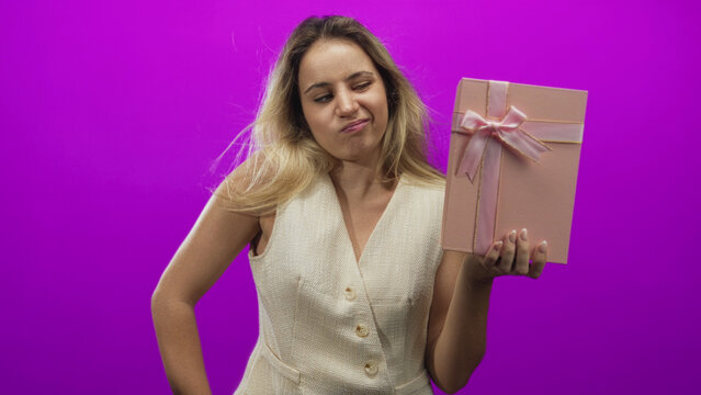 Woman holding pink gift box with right hand and hand on hip in magenta studio; annoyance disappointment.