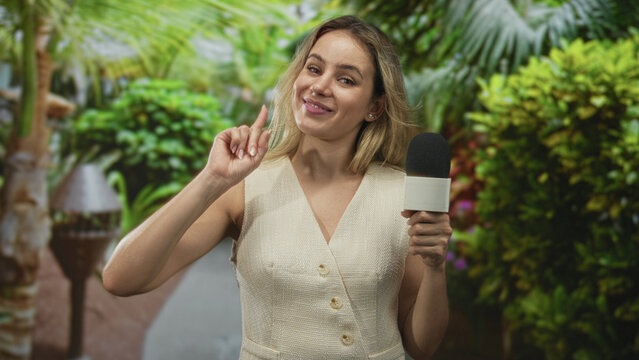 Woman reporter blonde holding microphone points index finger in forest setting, smiling and gesturing emphasis to audience; confidence.