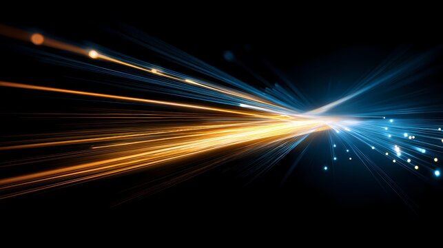High speed data transmission trails with orange and blue light lines on black background, futuristic network motion concept.