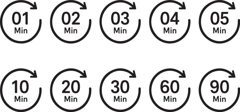 Set of Minute Timer Icons with Circular Arrows 1 to 90