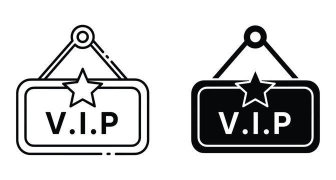 VIP hanging sign icon set with star symbol in outline and solid black style for membership access and exclusive events