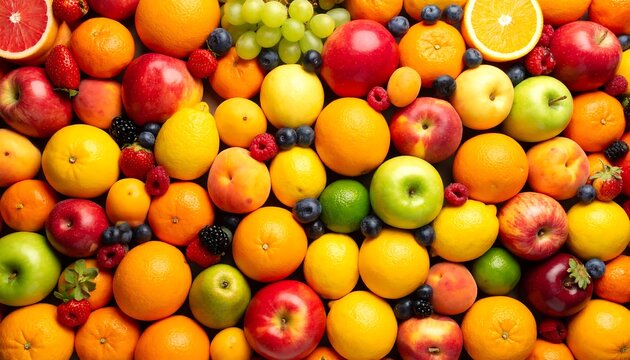 A vibrant assortment of colorful fruits is densely arranged, showcasing various shapes and sizes. Citrus, berries, and apples compose the textured display