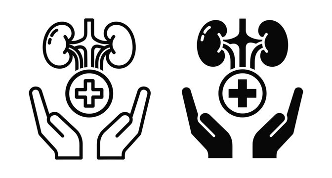 kidney health icon set showing renal system with medical cross and hands for organ donation transplant and urology care services