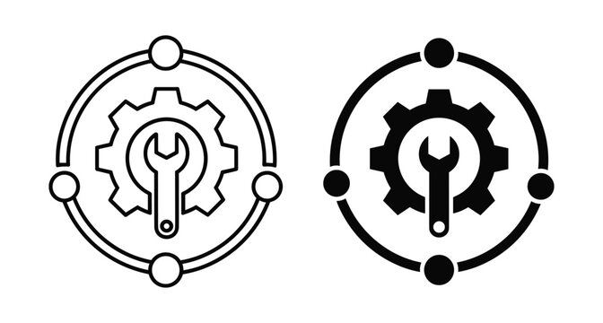 Technical maintenance and system configuration icon set featuring gear with wrench inside circular network nodes for industrial repair services